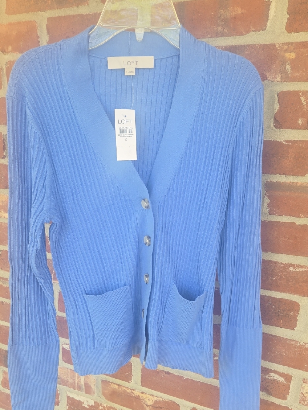 LOFT Light Blue Ribbed V-Neck Button-Front Cardigan